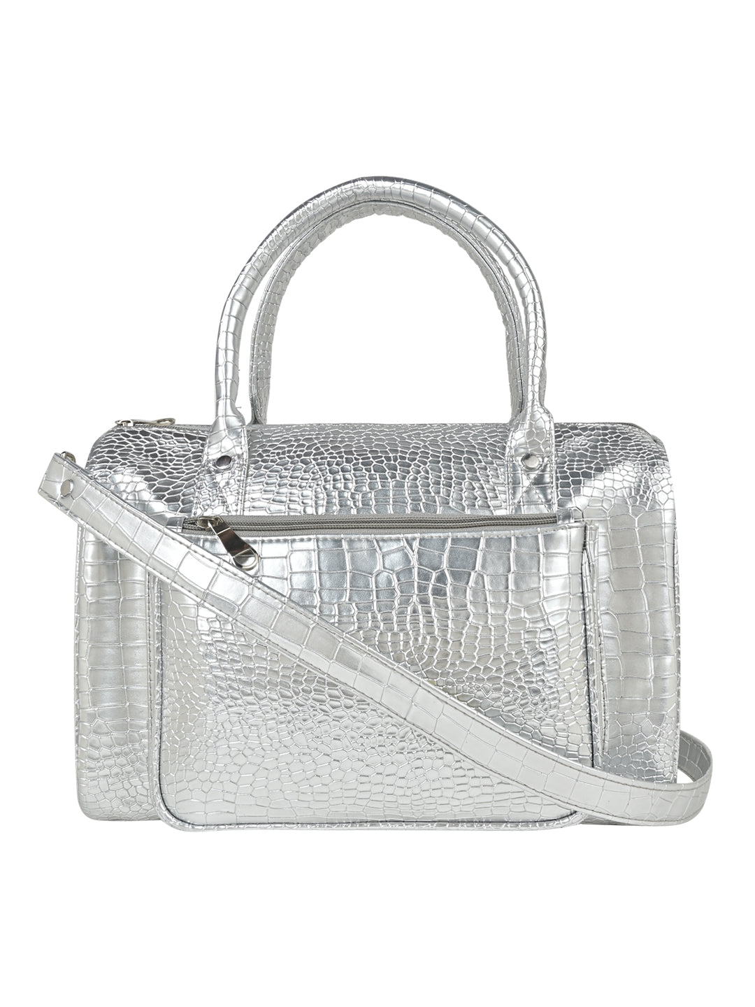 A silver ladies bag on plain white background. 