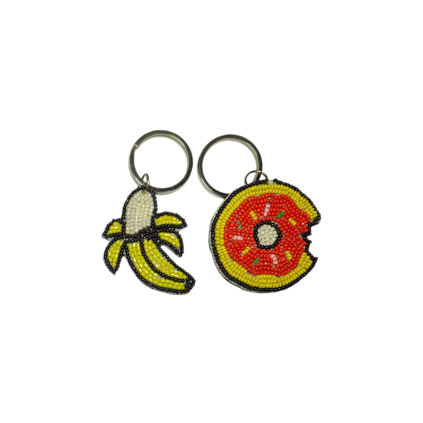 Two Vdesi banana and donut keychains, perfect as bag charms.