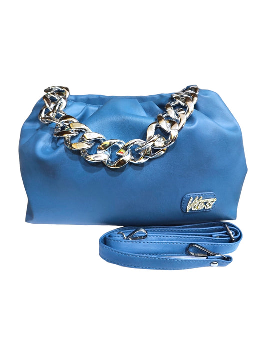 A trendy blue sling bag with a metal chain for ladies. 