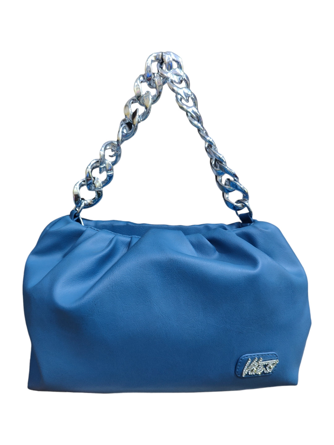 A blue sling bag with Vdesi brand's logo on it. 