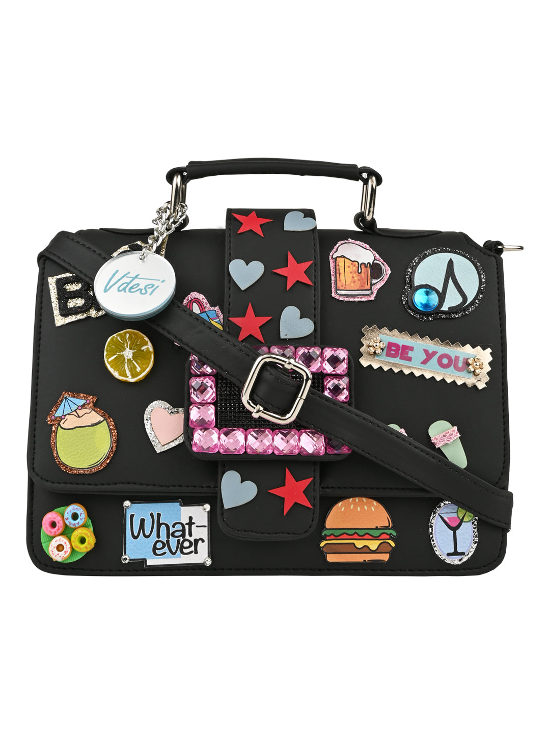 A Black Pop Badges Belt Sling Bag adorned with a plethora of stickers and multiple compartments by Vdesi.