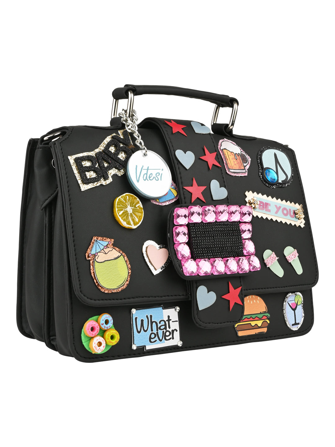 A Vdesi Black pop badges belt sling bag made of PU material with compartments, adorned with a collection of stickers.