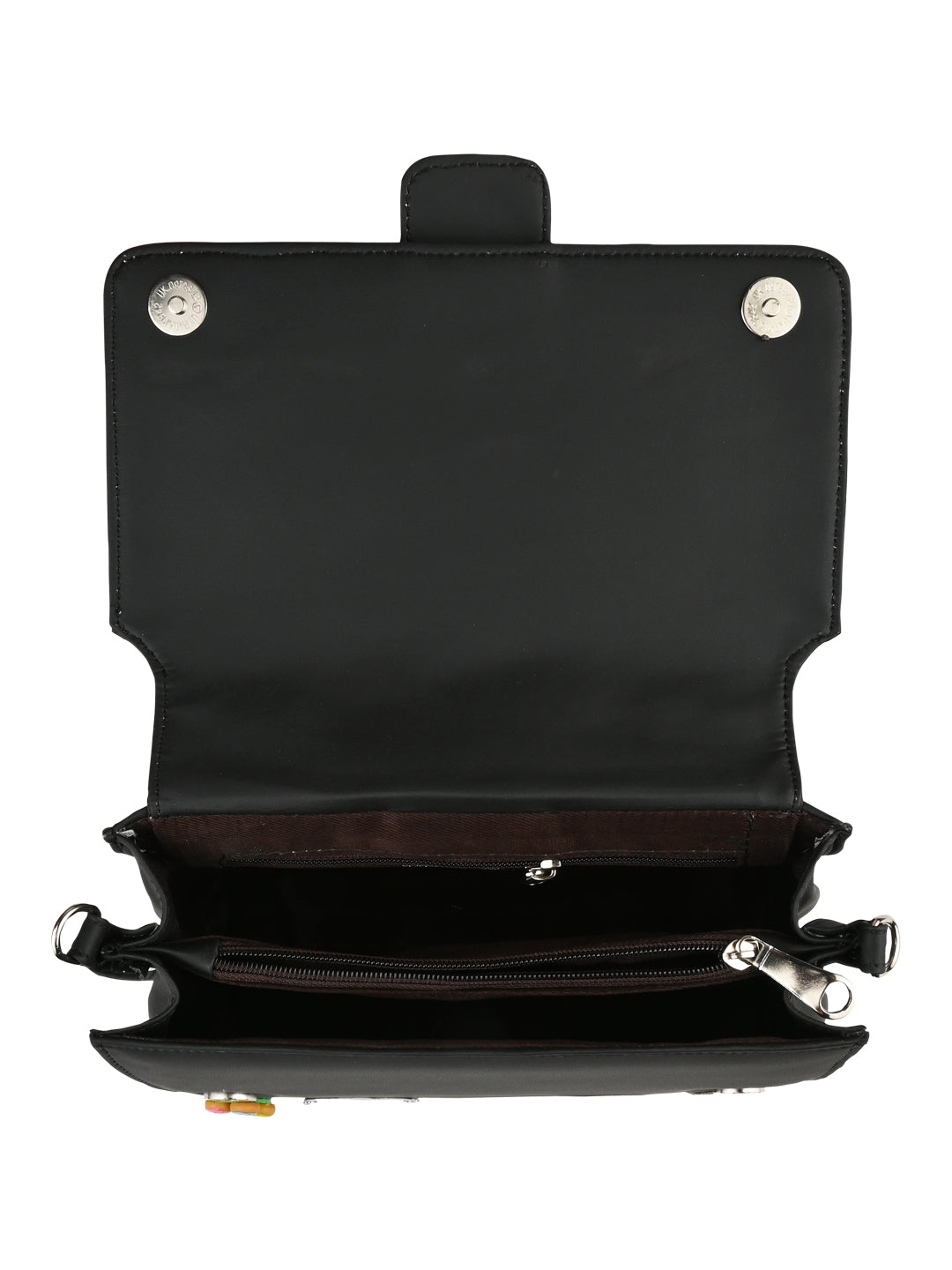A Vdesi Black pop badges belt sling bag made of PU material with two compartments and a zipper.