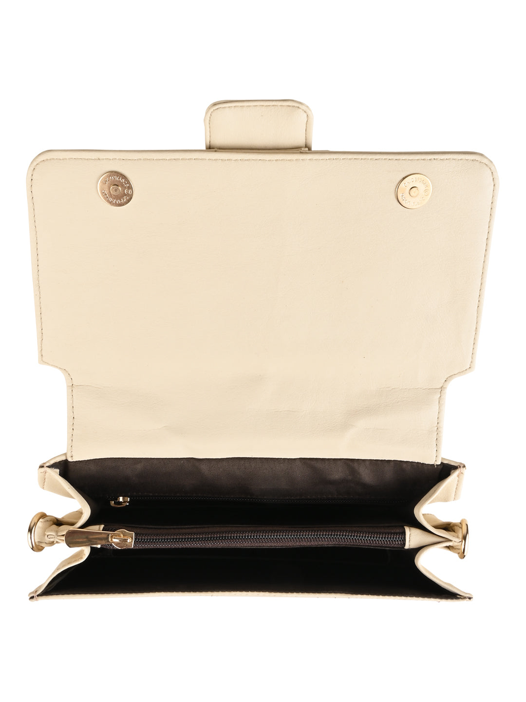 The inside of a black pop badges belt sling bag with compartments and a gold clasp made of PU material, Vdesi.