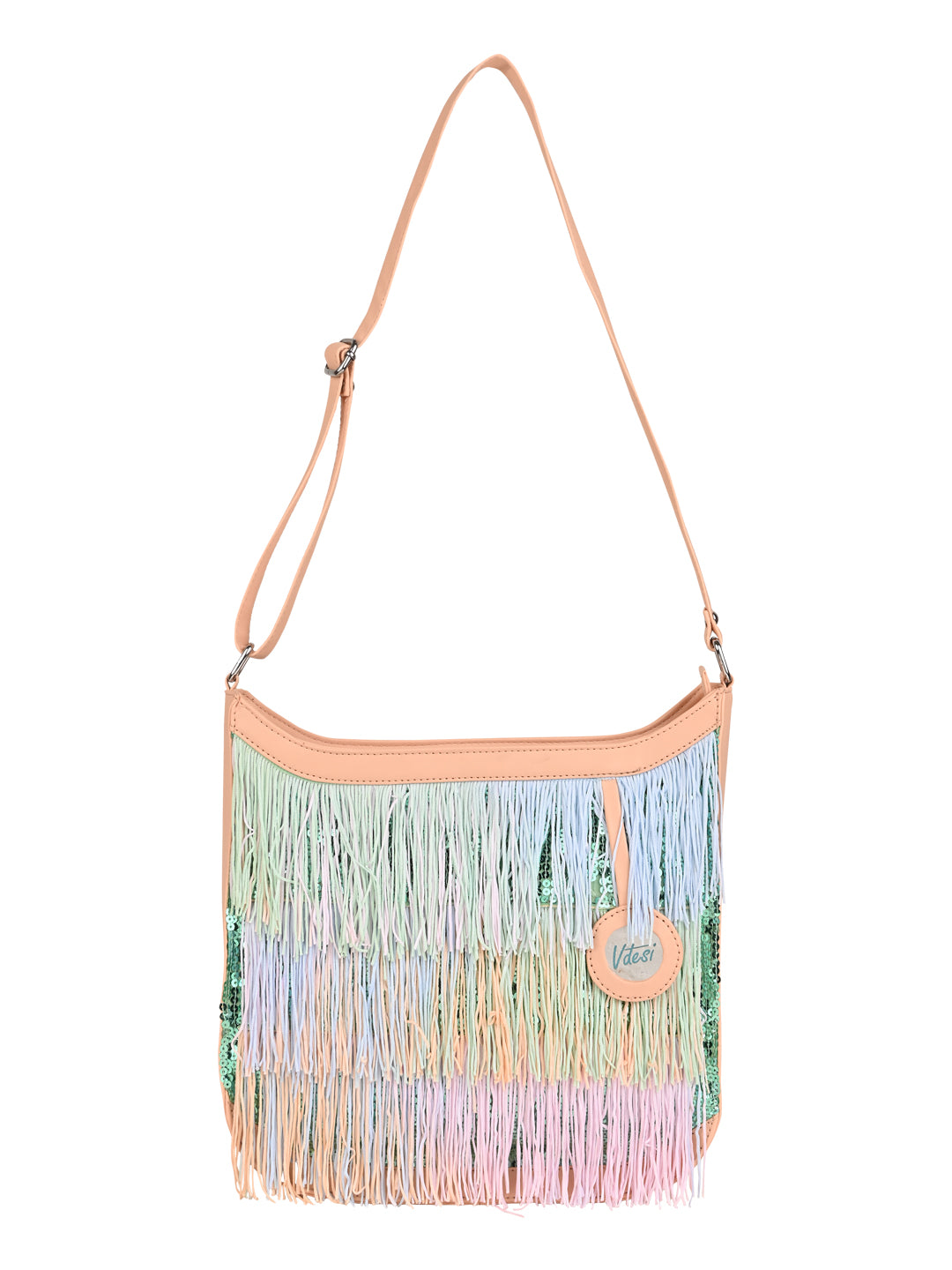 A fringe tote bag on a white background. 